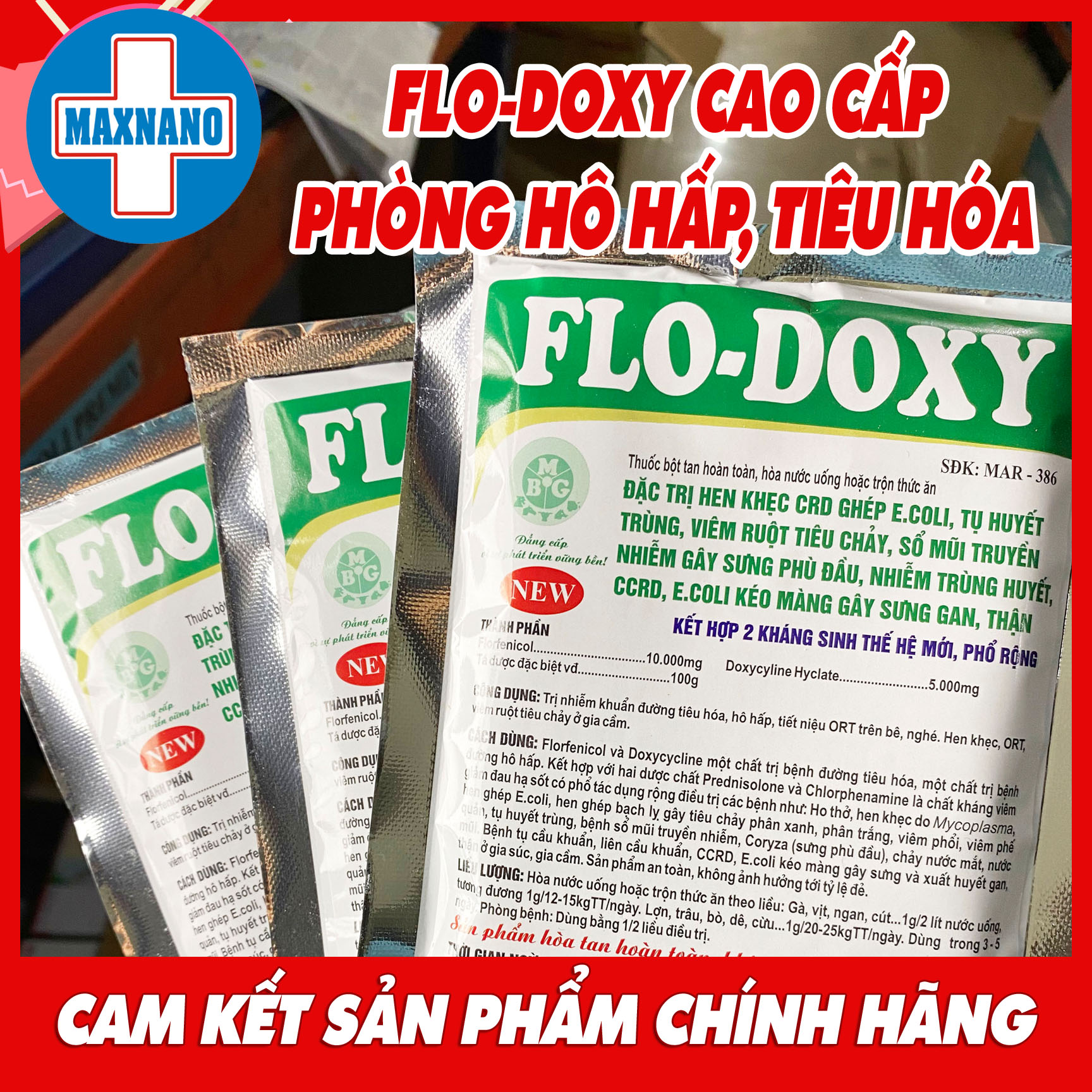 FLO-DOXY 50g Phòng và chữa các bệnh hô hấp, tiêu hóa, tiết niệu trên gà, vịt, ngan, cút, chim cảnh, gà quý, gà đá