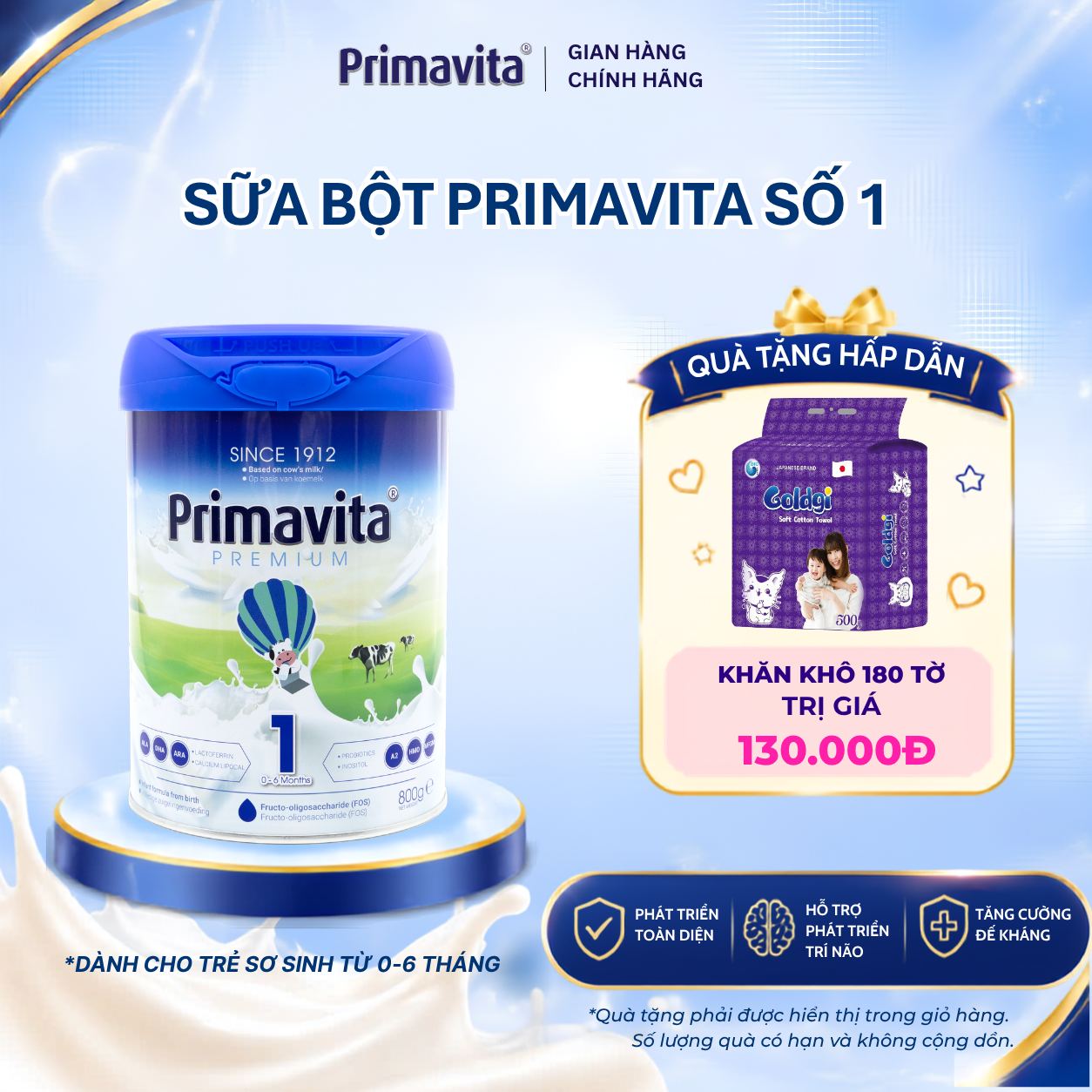 Sữa bột Primavita Premium số 1 với tỷ lệ đạm tương tự sữa mẹ, bổ sung Canxi sinh học giúp trẻ phát triển toàn diện (0-6 tháng tuổi)