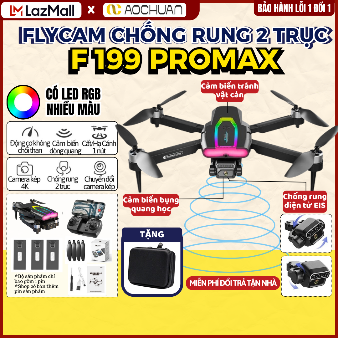 Máy Bay Flycam F199 Pro, Máy Bay Điều Khiển Từ Xa 4 Cánh Tích Hợp Gimbal Chống Rung 2 Trục - Cảm Biến Chống Va Chạm, Flycam Mini, Drone Camera 4K - Pin Siêu Trâu -Tránh Va Chạm - Máy Bay Không Người Lái Điều Khiển Từ Xa _FLYCAM CHÍNH HÃNG AOCHUAN