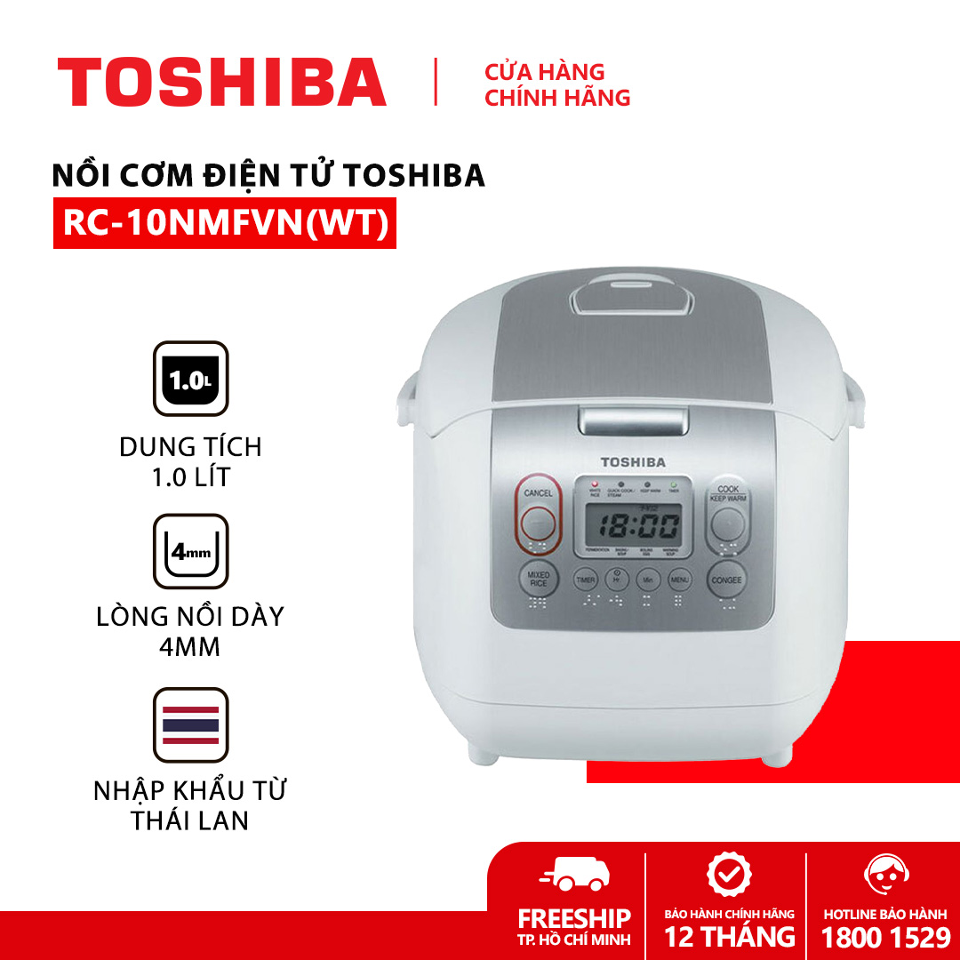 Nồi cơm điện tử Toshiba RC-10NMFVN(WT) - 1.0L - Xuất xứ Thái Lan - Lòng nồi dày 4mm, 2 lớp chống dính trong và ngoài - Chế độ nấu tự động đa dạng - Hàng chính hãng, bảo hành 12 tháng, chất lượng Nhật Bản