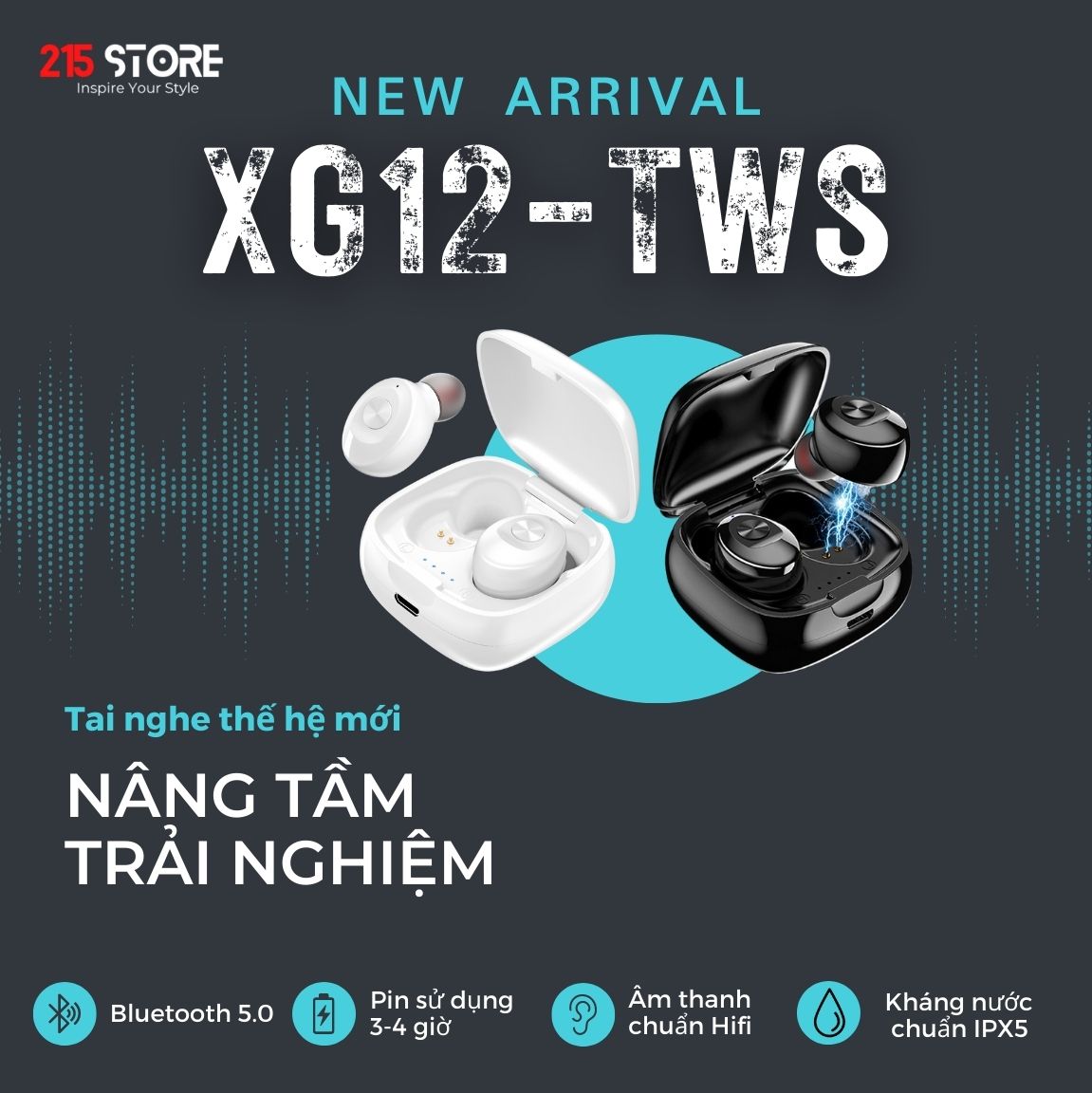 Tai nghe bluetooth, tai nghe không dây, headphone 215Store XG12 TWS kháng nước, chống ồn