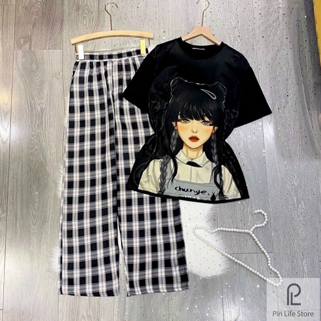 Set bộ quần caro cùng áo thun tay ngắn free size