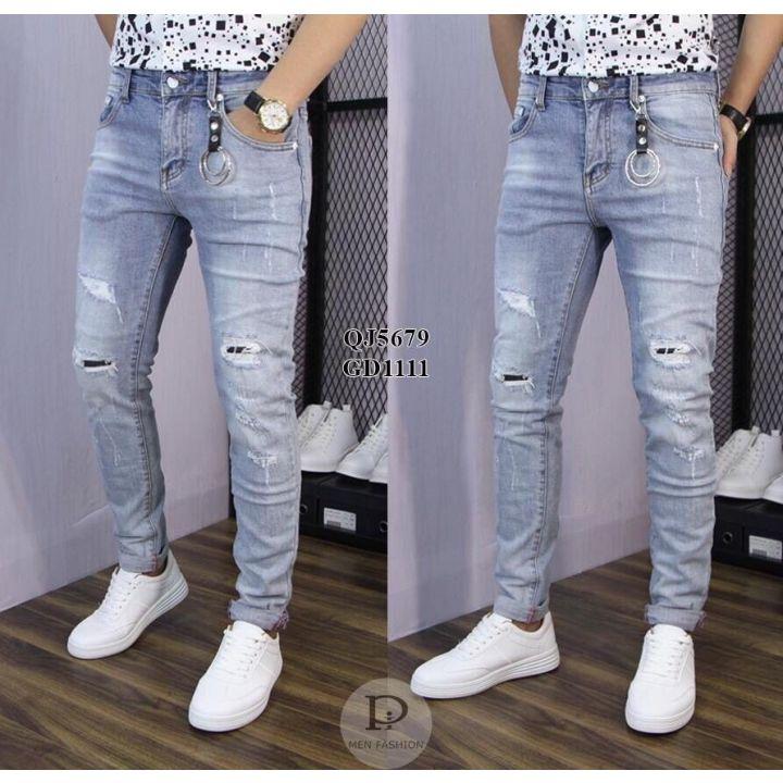 Quần Jean Nam Xanh Nhạt Rách Gối Chất Bò Quần Nam 11Dshop Ms1049