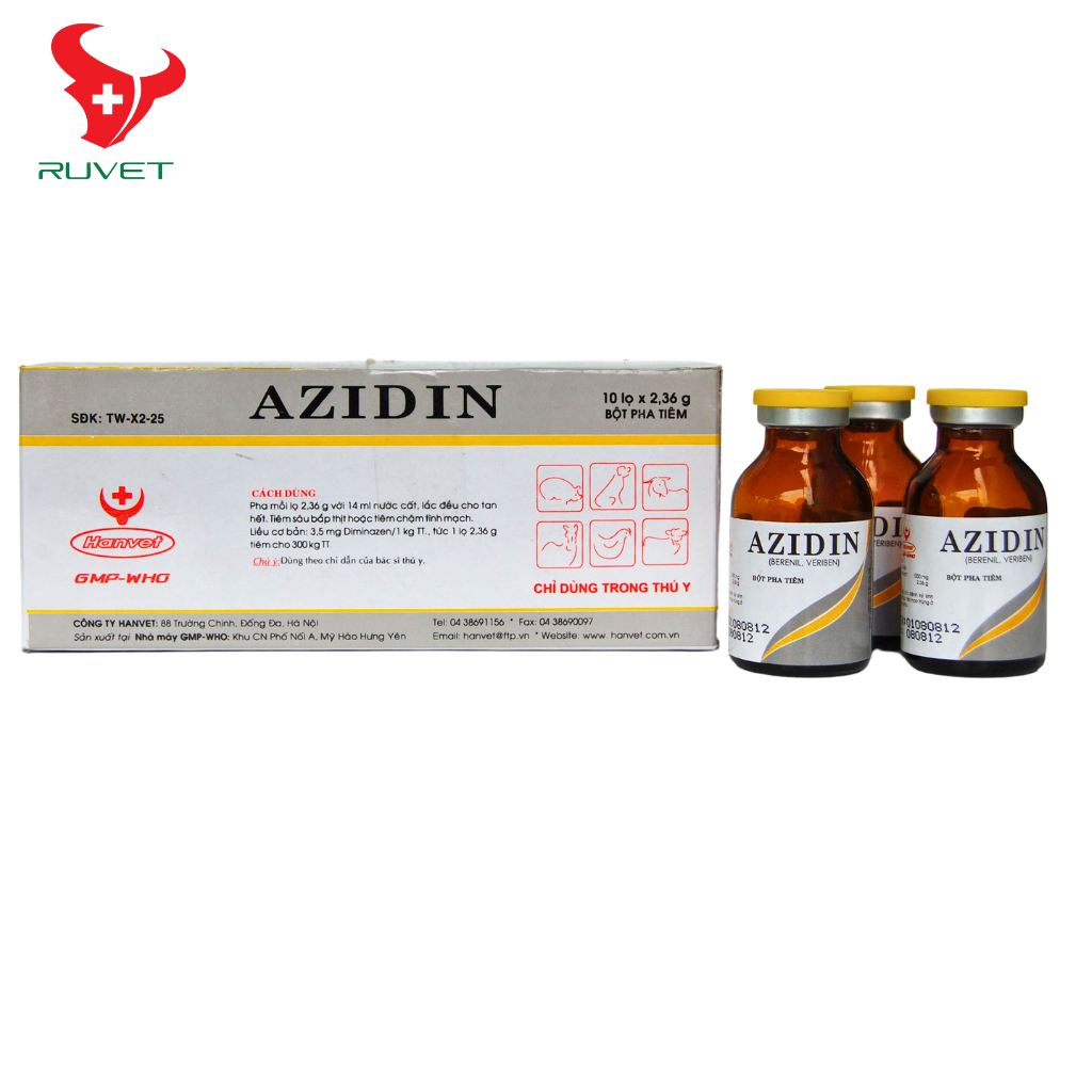 AZIDIN -1 LỌ 2.36G - KÍ SINH TRÙNG ĐƯỜNG MÁU CHO THÚ NUÔI - RUVET VIỆT NAM - DỤNG CỤ THÚ Y - THUỐC THÚ Y