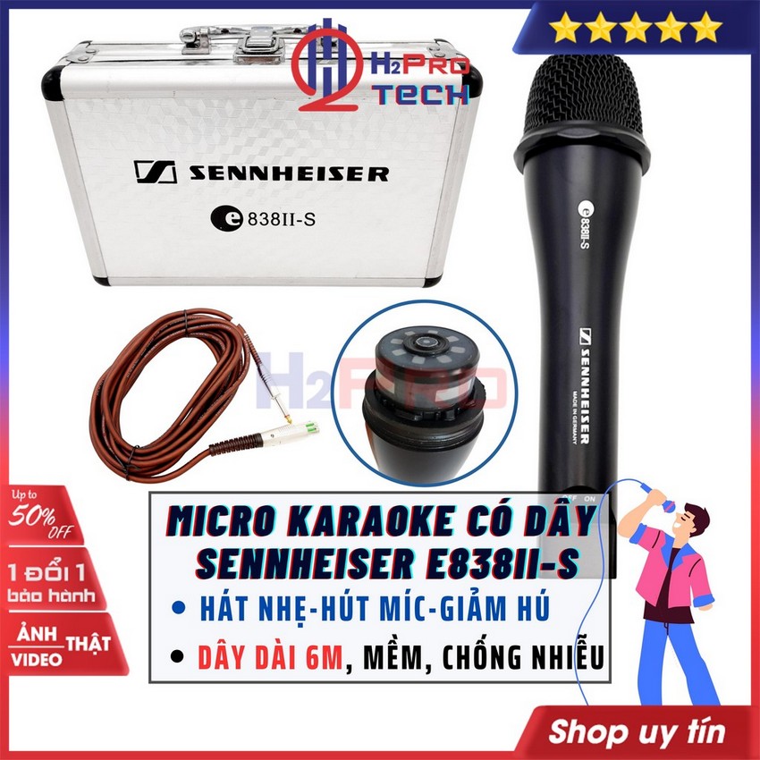 Micro hát karaoke có dây cao cấp sennheiser e838ii-s chống hú, hát nhẹ-hút mic, dây dài 6m, kèm hộp đựng-h2pro tech