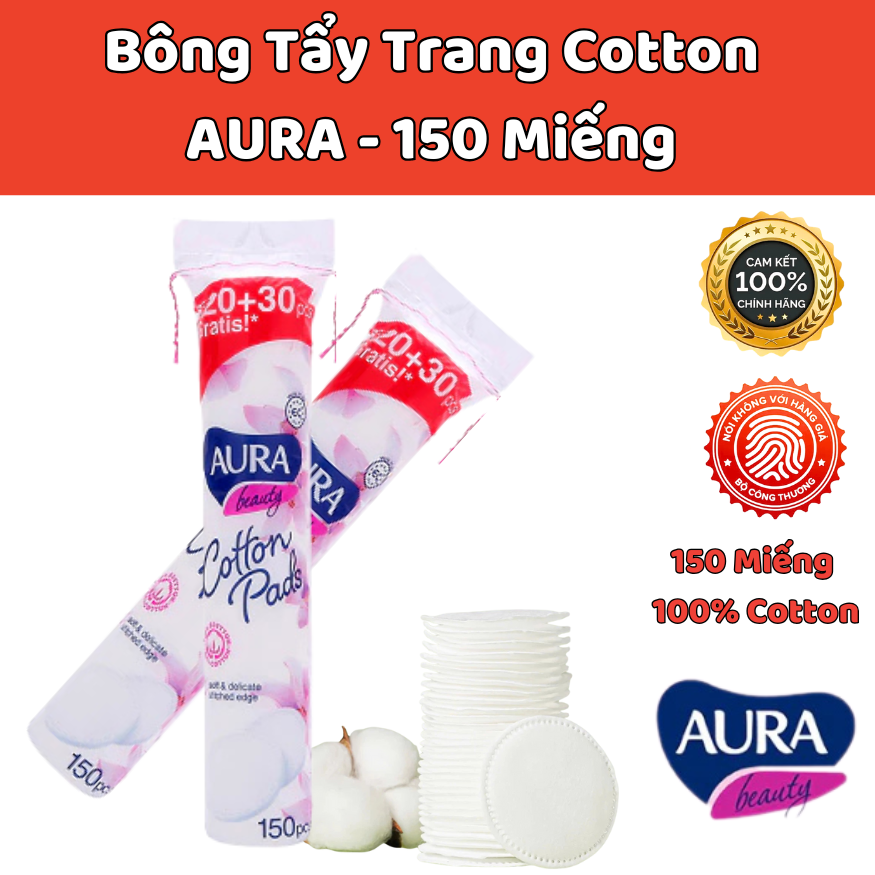Aura Cotton Makeup Remover Pads - 150 Pieces, Used to Remove Makeup, Apply Rose Water, Extremely Convenient and Hygienic.