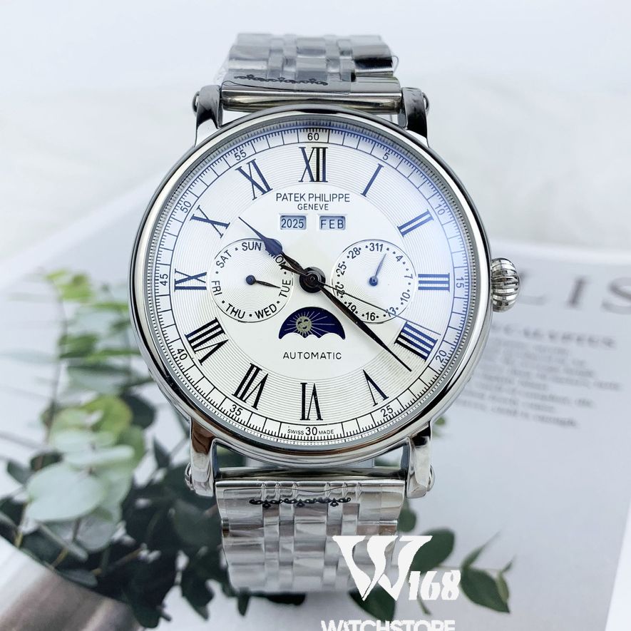 Đồng hồ Nam Pan-tek mẫu Lịch vạn niên mặt trắng viền trắng dây da, dòng cơ Automatic size 41mm-42mm