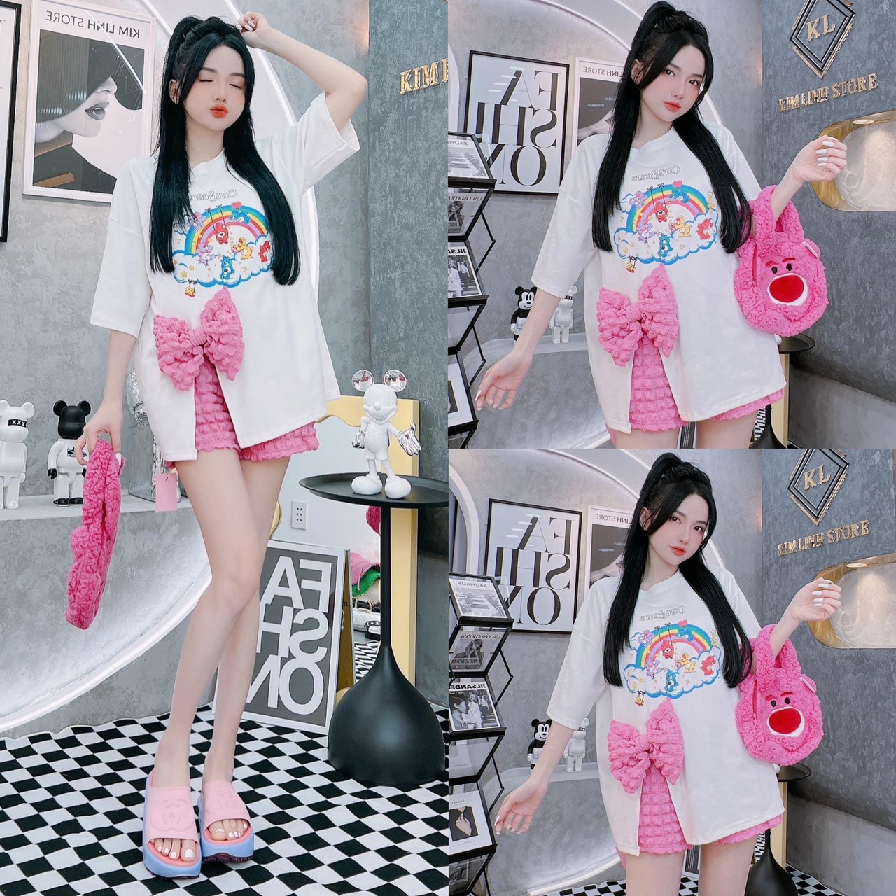 Set bộ đồ nữ áo thun cầu vòng nơ xốp + quần xốp bo chun co giãn