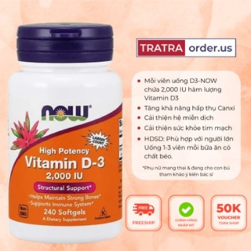 Viên uống Now Vitamin D3 2000/5000IU (50mcg) - 120/240 viên - Nhập Mỹ - Tăng đề kháng, hấp thụ Canxi