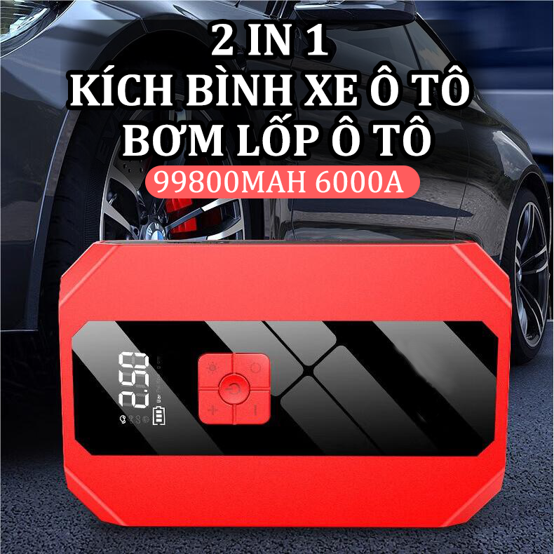 kích nổ ô tô kèm bơm lốp 99800mah kích bình kiêm bơm lốp 6000A bộ kích bình ắc quy ô tô