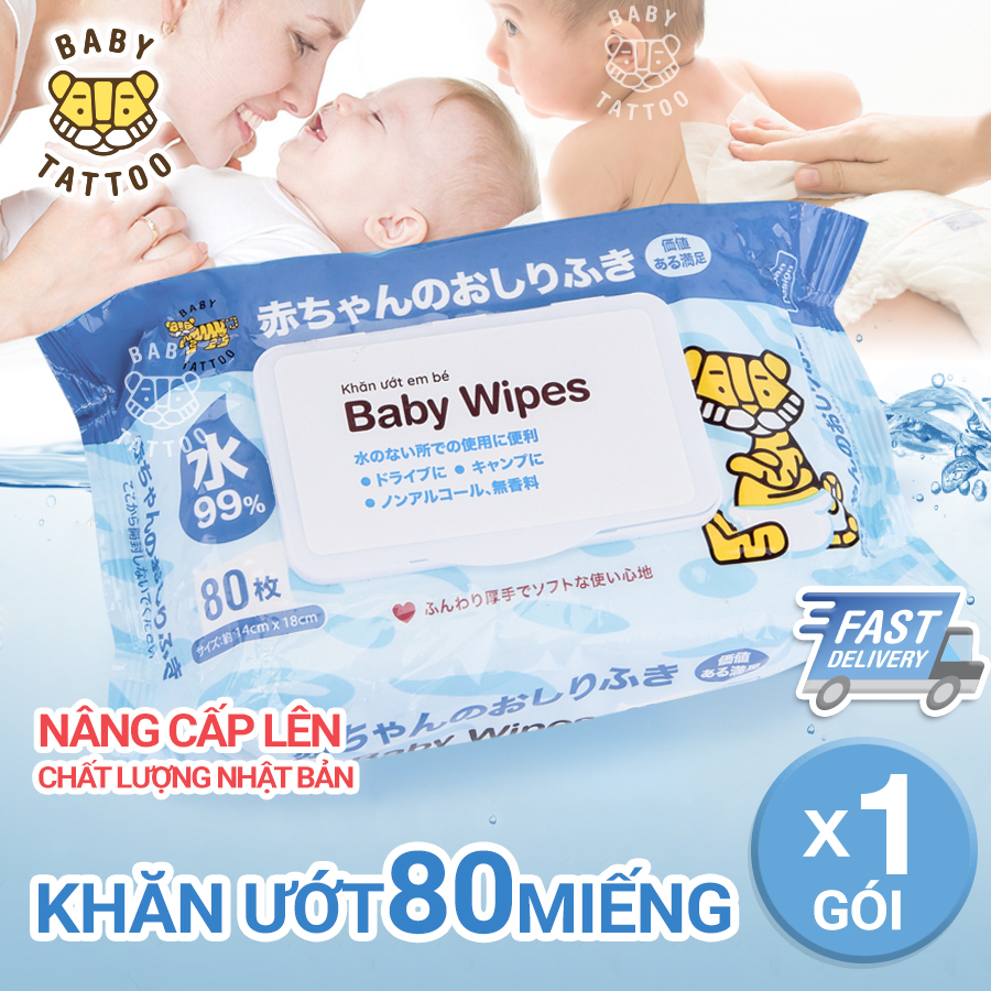 Khăn Giấy Ướt BABY TATTOO Cho Bé Không Mùi, An Toàn, Gói 80 Miếng