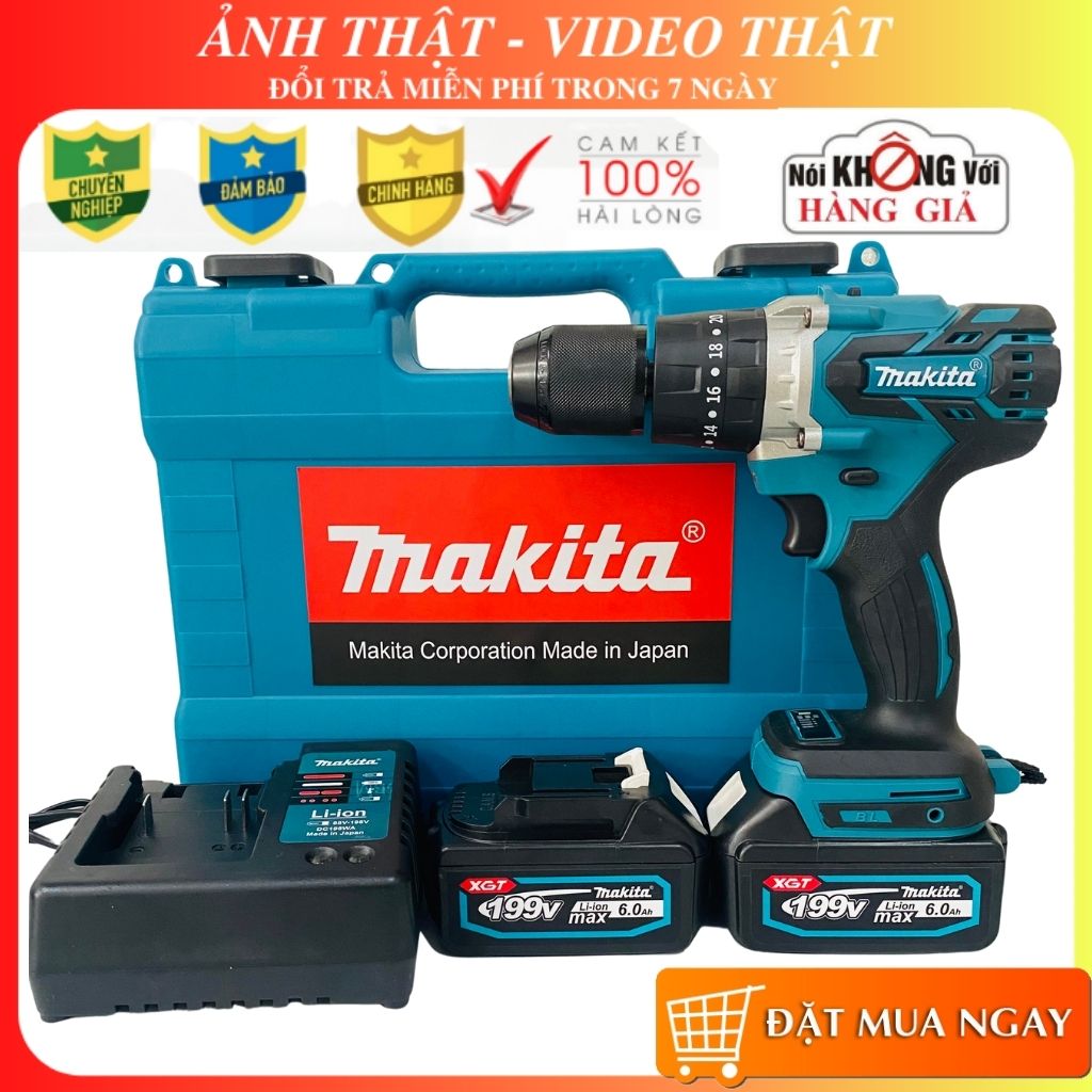 Máy khoan pin Makita 199V, 2 PIN 10 cell, KHÔNG CHỔI THAN, 100% DÂY ĐỒNG, TẶNG 1 MŨI TÔN, 1 MŨI BẮN VÍT