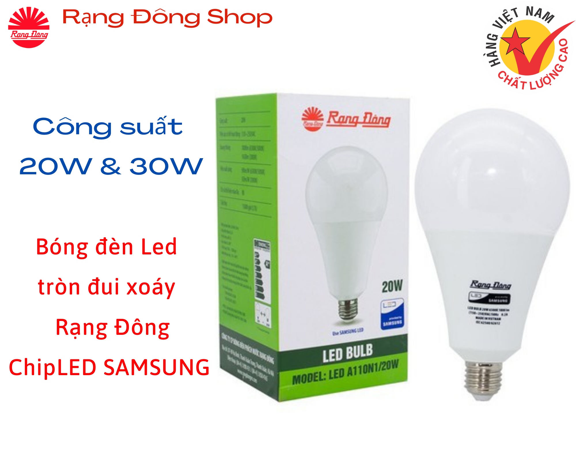 Bóng đèn Led bulb tròn đui xoáy Rạng Đông 20W, 30W Chip LED Samsung A95N1/20W.H, A120N1/30W.H ánh sáng trắng và vàng