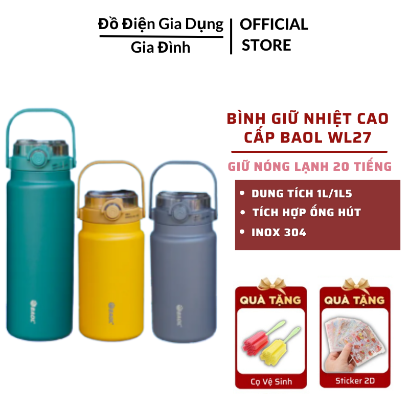 Bình nước giữ nhiệt mẫu mới BAOL WL27 1000ml/1500ml , Bình giữ nhiệt inox 304 cao cấp có ống hút giữ