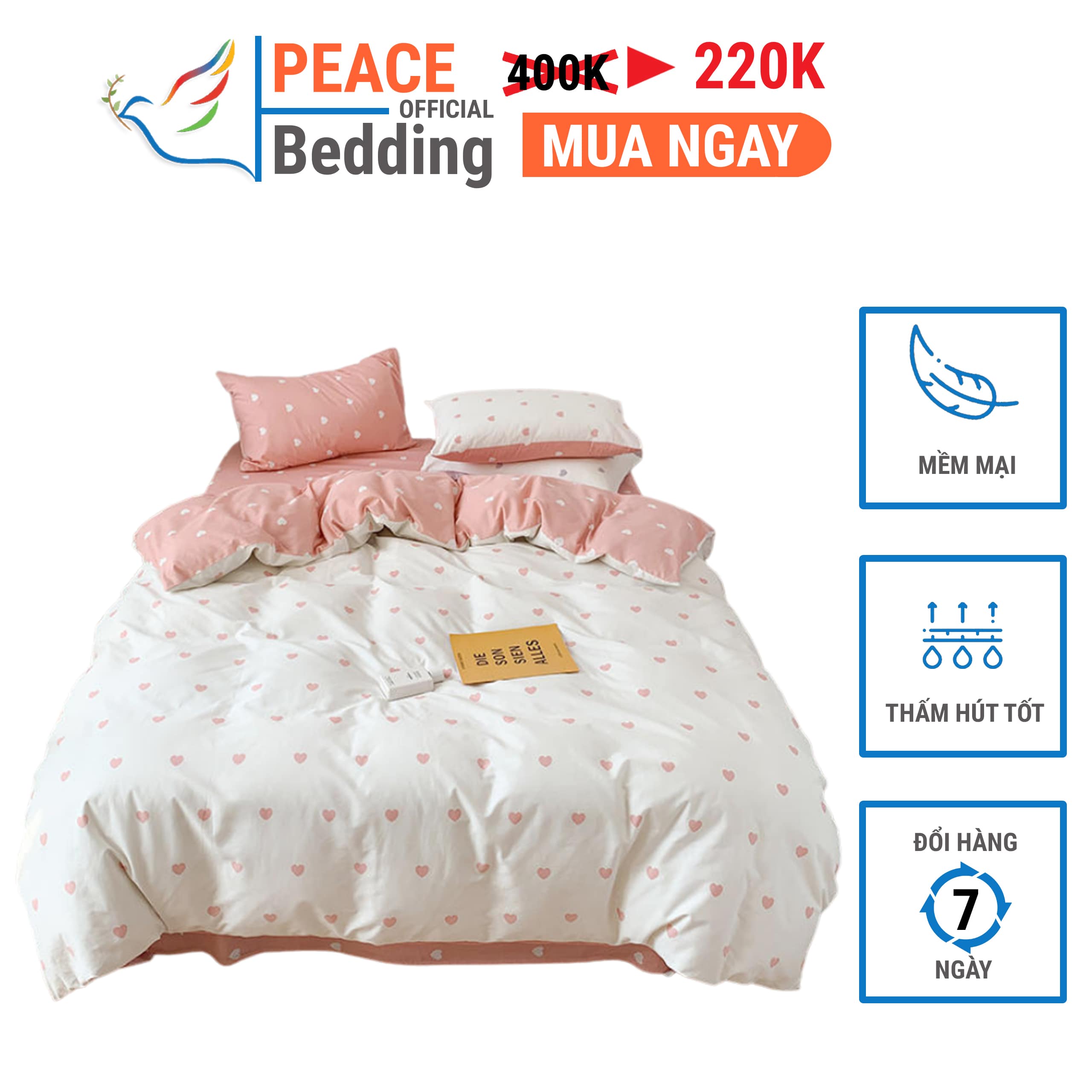 [FREESHIP] Bộ Vỏ Chăn Ga Giường Và 2 Vỏ Gối Đầu 4 Món Giá Rẻ Mẫu Trái Tim Nhí Màu Hồng Chất Liệu Cotton Poly Mềm Mịn Thấm Hút Tốt Cho Nệm 1M2, M4, M6, M8, 2M