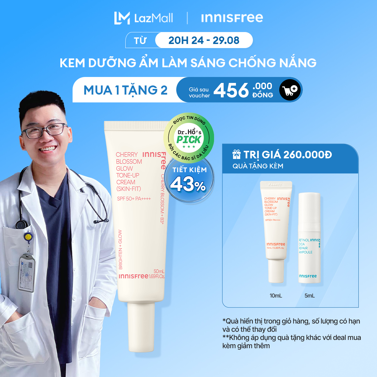 Kem dưỡng ẩm làm sáng chống nắng cho da INNISFREE Jeju Cherry Blossom Skin-Fit Tone-Up Cream SPF 50+PA++++ 50ml