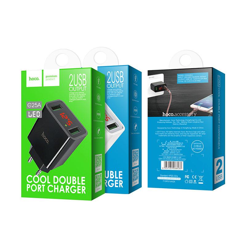 Củ Sạc Hoco C25A - 2 Cổng Usb Sạc Nhanh An Toàn - Có Đèn Led Hiển Thị
