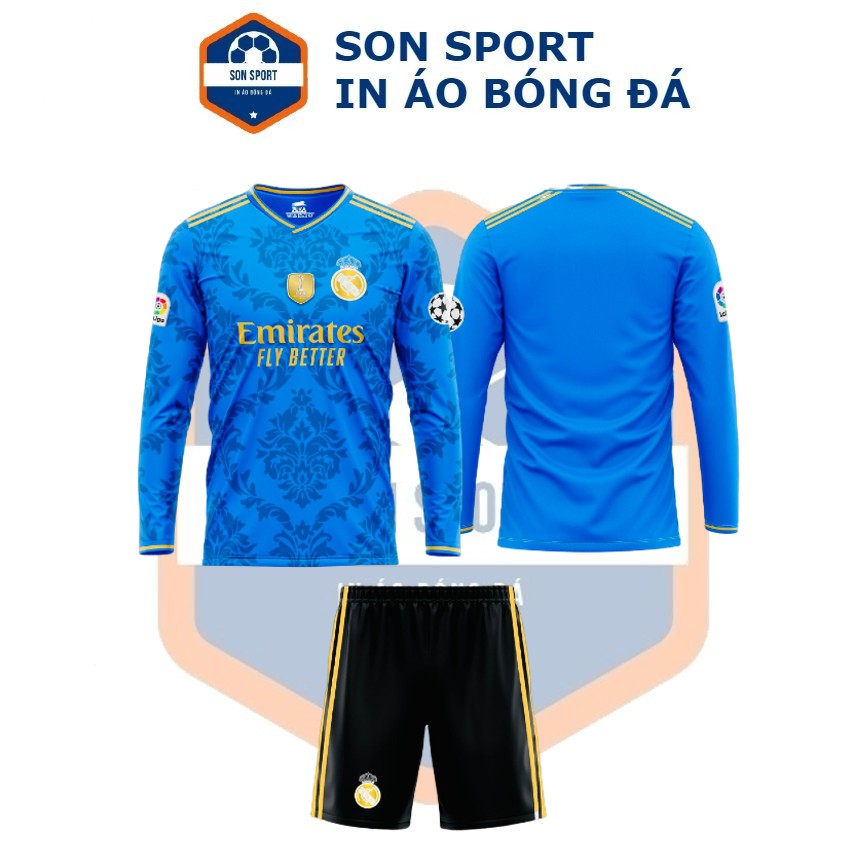 Bộ quần áo bóng đá thun dài tay clb real madrid xanh
