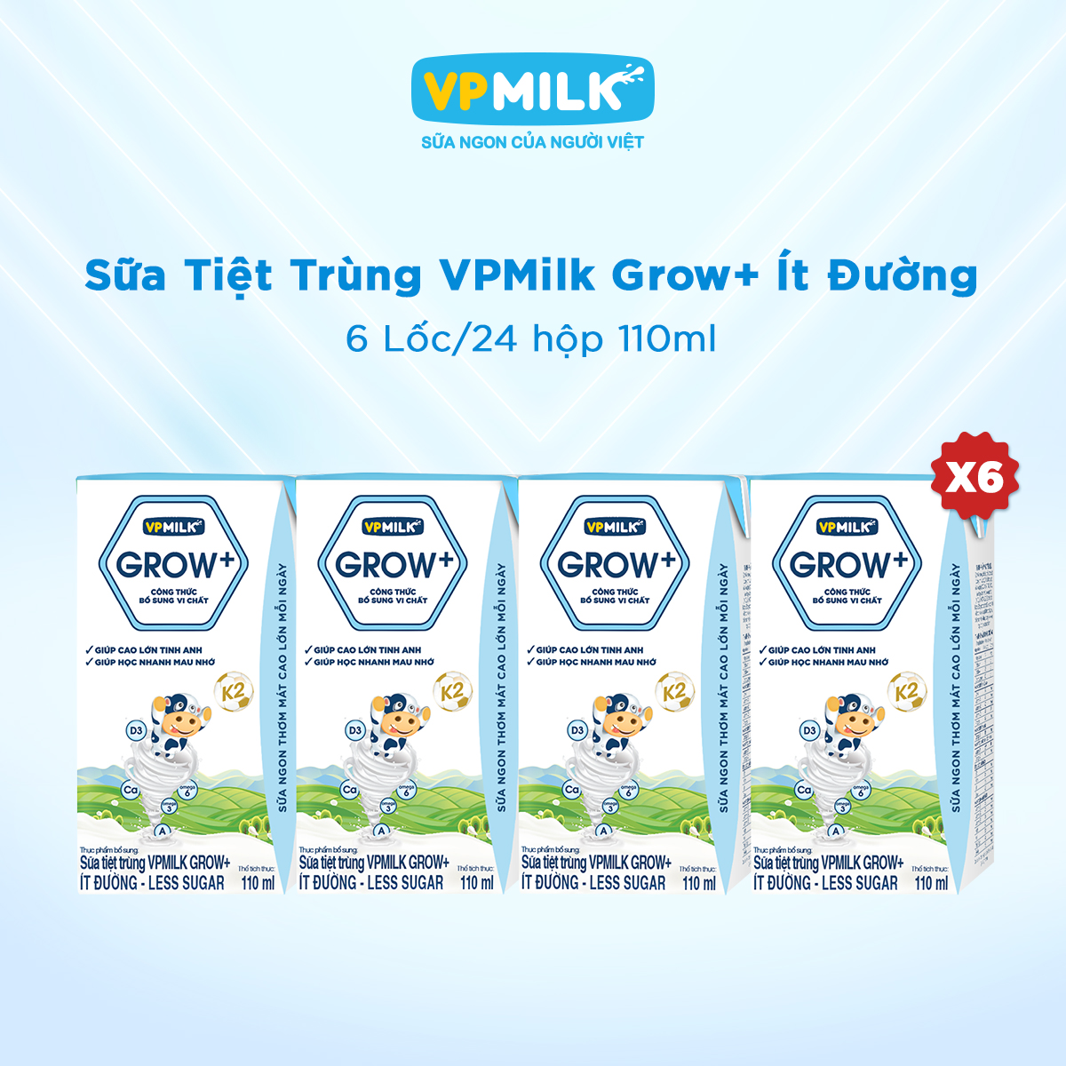 [6 Lốc 110ml] Sữa Tiệt Trùng VPMilk Grow+ Ít Đường Cho Bé Từ 1 Tuổi