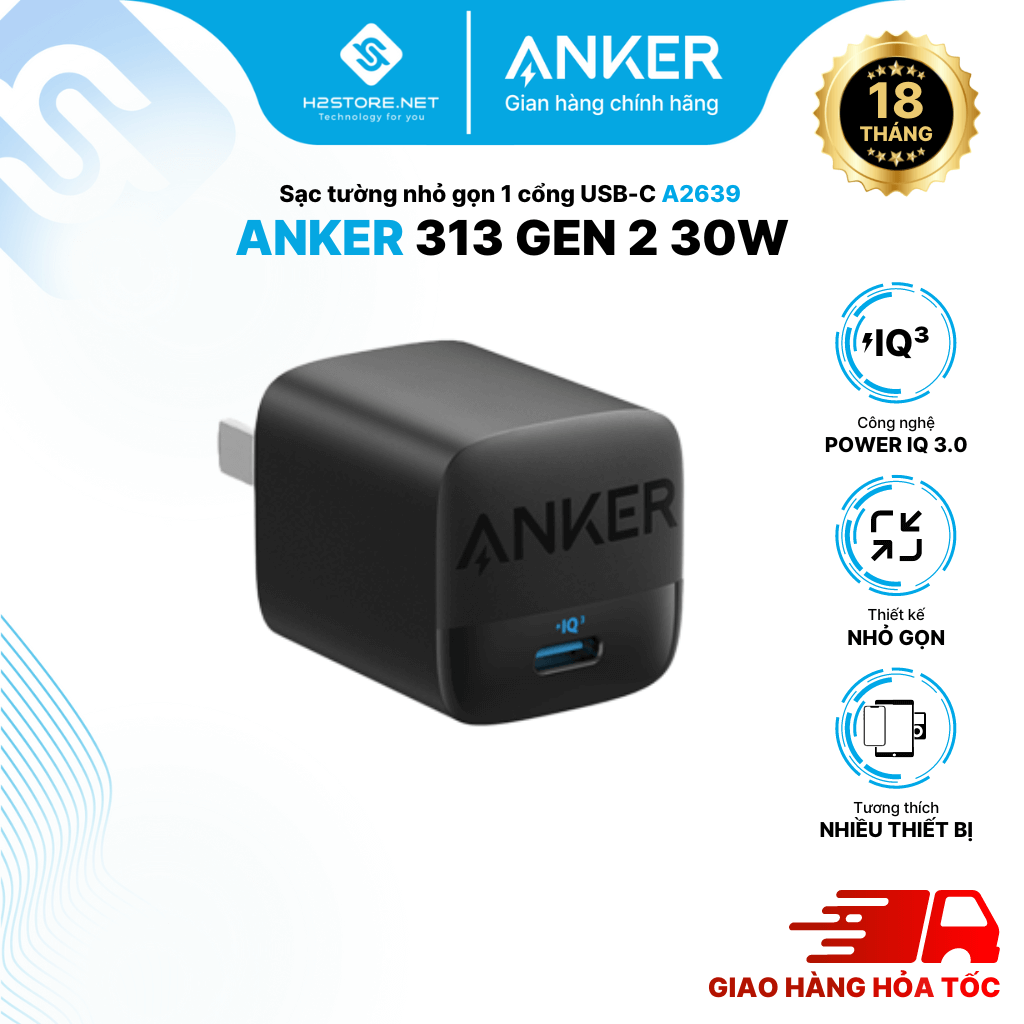 Sạc anker 313 gen 2 30w 1 cổng usb-c piq 3.0 tương thích pd - a2639 - hỗ trợ sạc nhanh tối đa 27w cho iphone 14 series