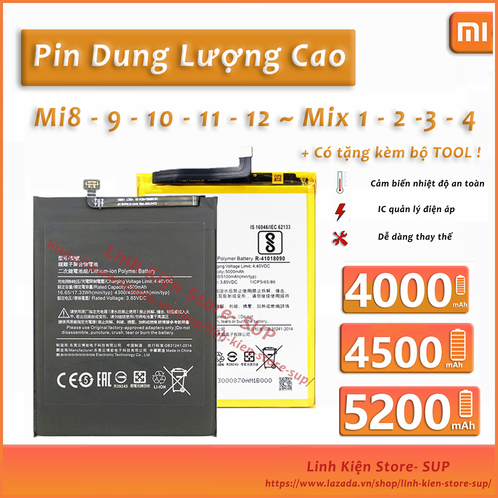 Pin xiaomi dung lượng cao xiaomi mi8, mi9, mi10, mix2/2s, note 9s, mix3 5200mah 4000mah thay thế hãng pin jinpeng