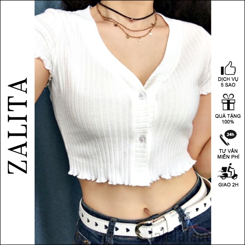 Áo Croptop Nữ Có Cúc Áo Nữ Ôm Body Len Đũa Thấm Hút Mồ Hôi ZALITA A010