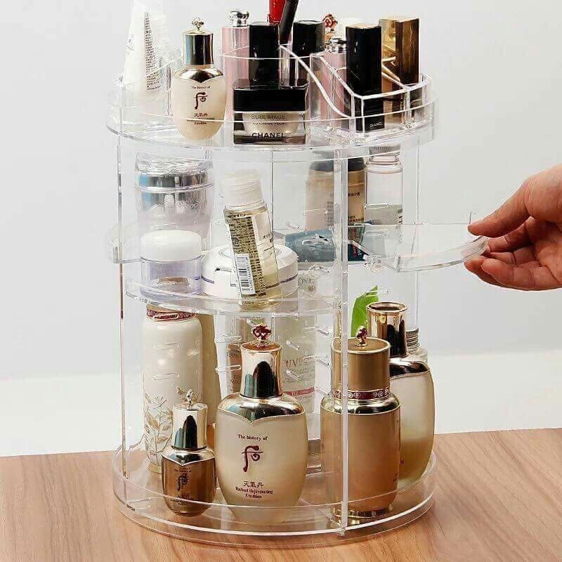 Kệ mỹ phẩm 3 tầng trong suốt xoay 360 độ - Kệ mĩ phẩm đa năng đựng đồ trang điểm để bàn bằng nhựa trong suốt có trụ xoay
