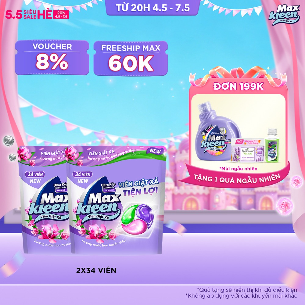 Combo 2 Túi Viên Giặt Xả MaxKleen  Hương Nước Hoa Huyền Diệu (Túi 34 Viên)