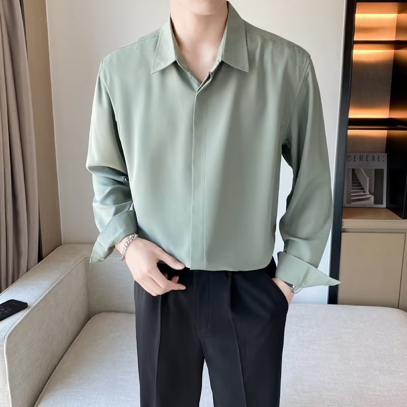 Áo sơ mi nam giấu cúc dài tay unisex, Áo sơ mi dáng suông basic trơn thời trang xuân hè 2022 dễ mặc -