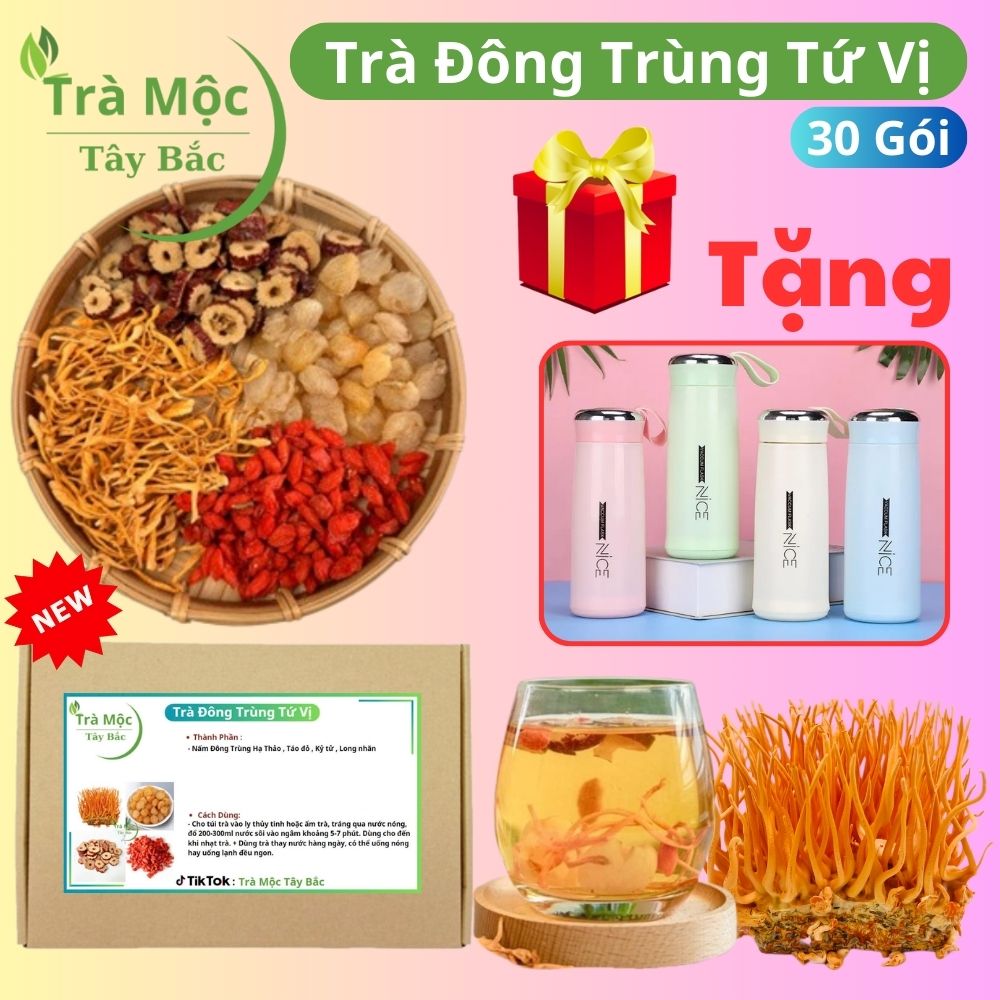 Trà đông trùng tứ vị Hộp 30 gói TẶNG BÌNH GIỮ NHIỆT -  thảo mộc Tây Bắc (nấm đông trùng hạ thảo, táo đỏ, kỷ tử, long nhãn) hàng chọn có mix thêm đường phèn - tăng cường sinh lý , bồi bổ sức khỏe Mịn Da Ngủ Ngon, Giải Độc