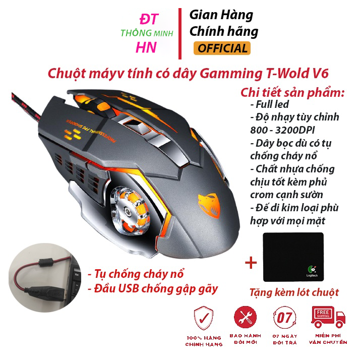 Chuột game t-wolf v6 pro full led, chuột máy tính có dây gamming siêu nhạy 800 - 3200dpi, đế di kim loại- bh 12tháng