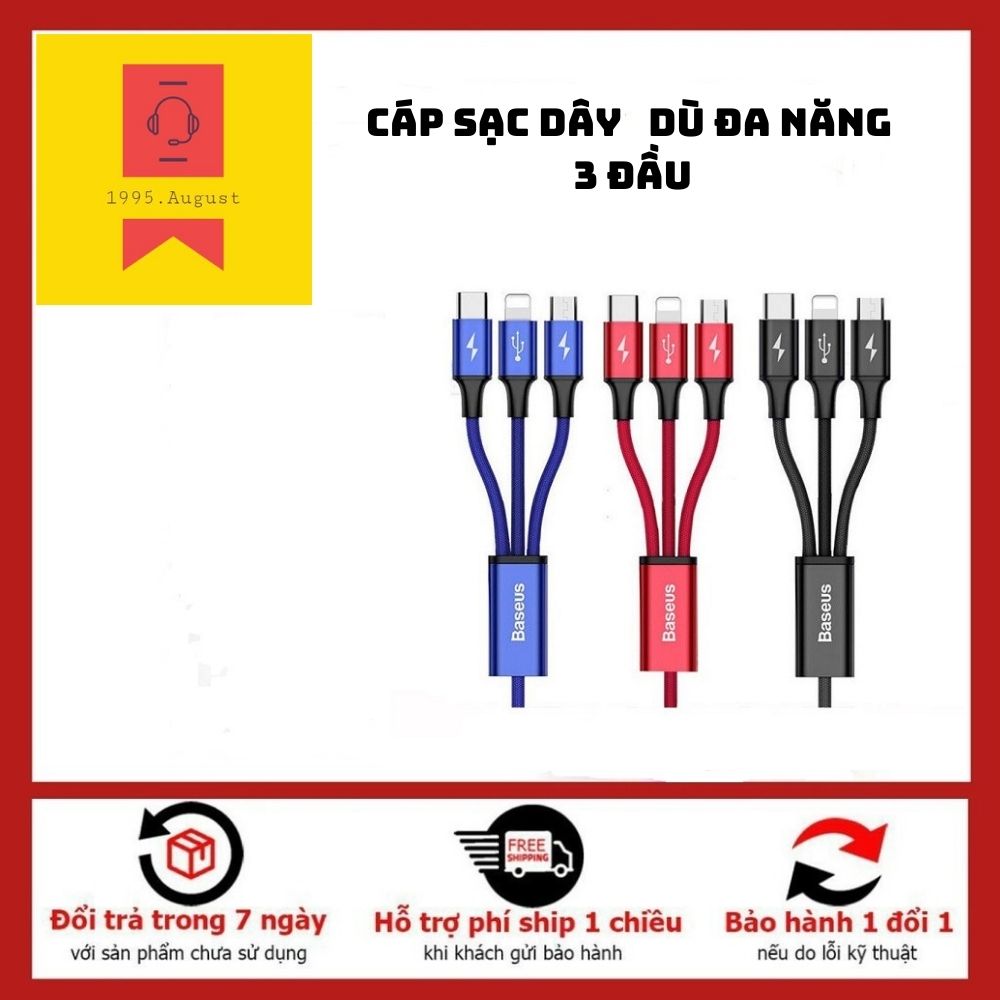 (Giá sỉ) Cáp sạc dây dù đa năng 3 đầu Lightning - Type C - Micro USB mẫu + Bảo hành 6 tháng lỗi 1 đổi 1