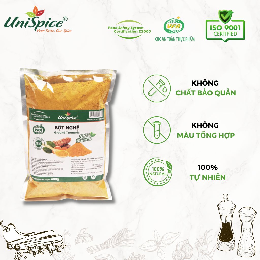 Bột nghệ nghuyên chất- Bột nghệ Unispice túi 400gr- Gia vị tự nhiên