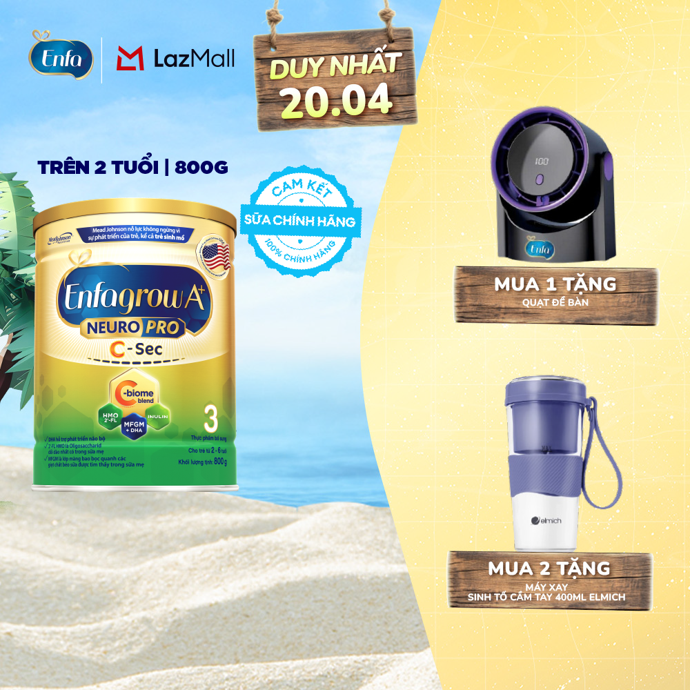 [DUY NHẤT 15-17/04 MUA LÀ CÓ QUÀ] [Cho cả trẻ sinh mổ] Sữa bột Enfagrow A+ NeuroPro 3 C-Sec 800g cho trẻ từ 2-6 tuổi