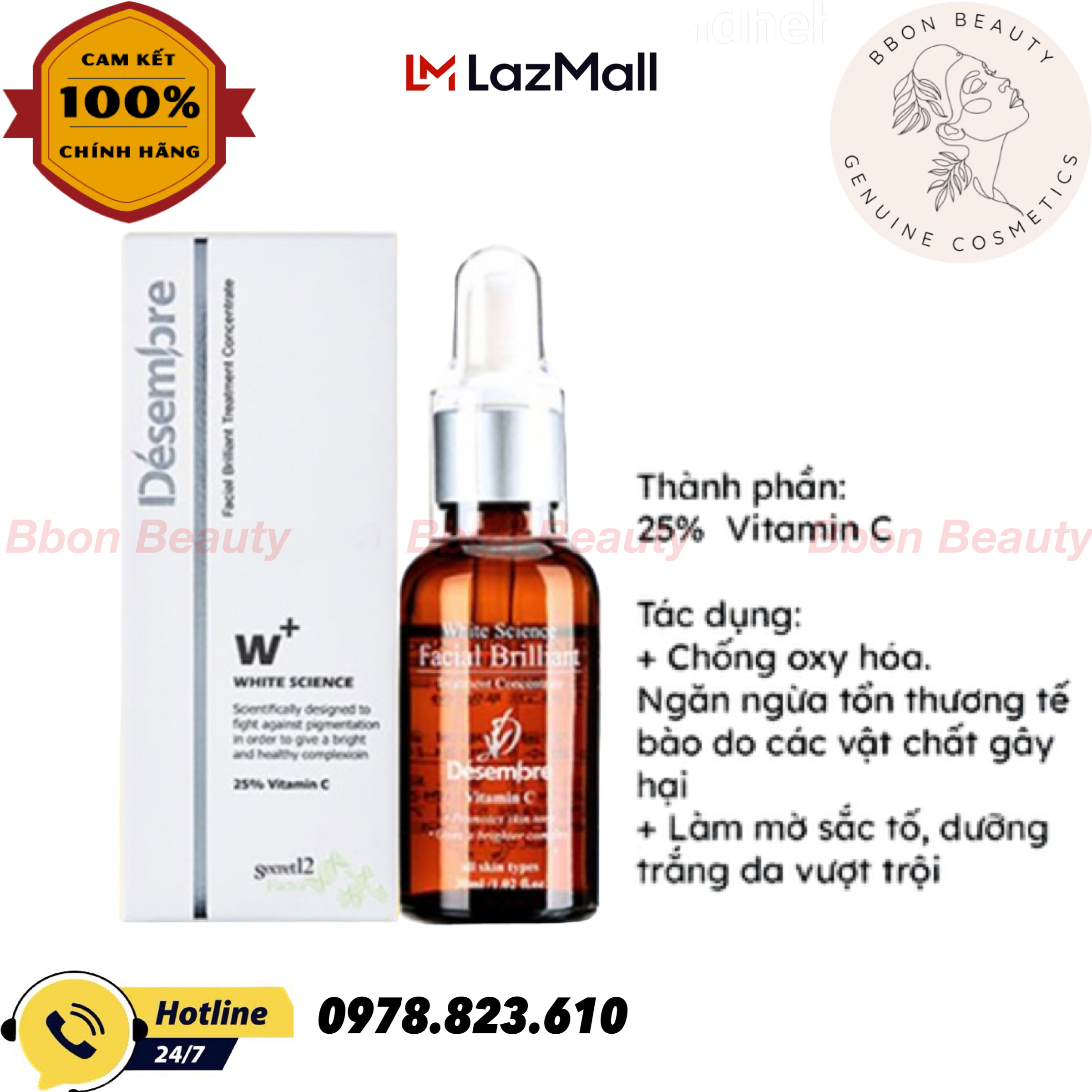 Cách dưỡng trắng da, Tinh Chất Cô Đặc Dưỡng Trắng Desembre White Science Facial Brilliant Treatment Concentrate 100ml - BBon Beauty Chính hãng