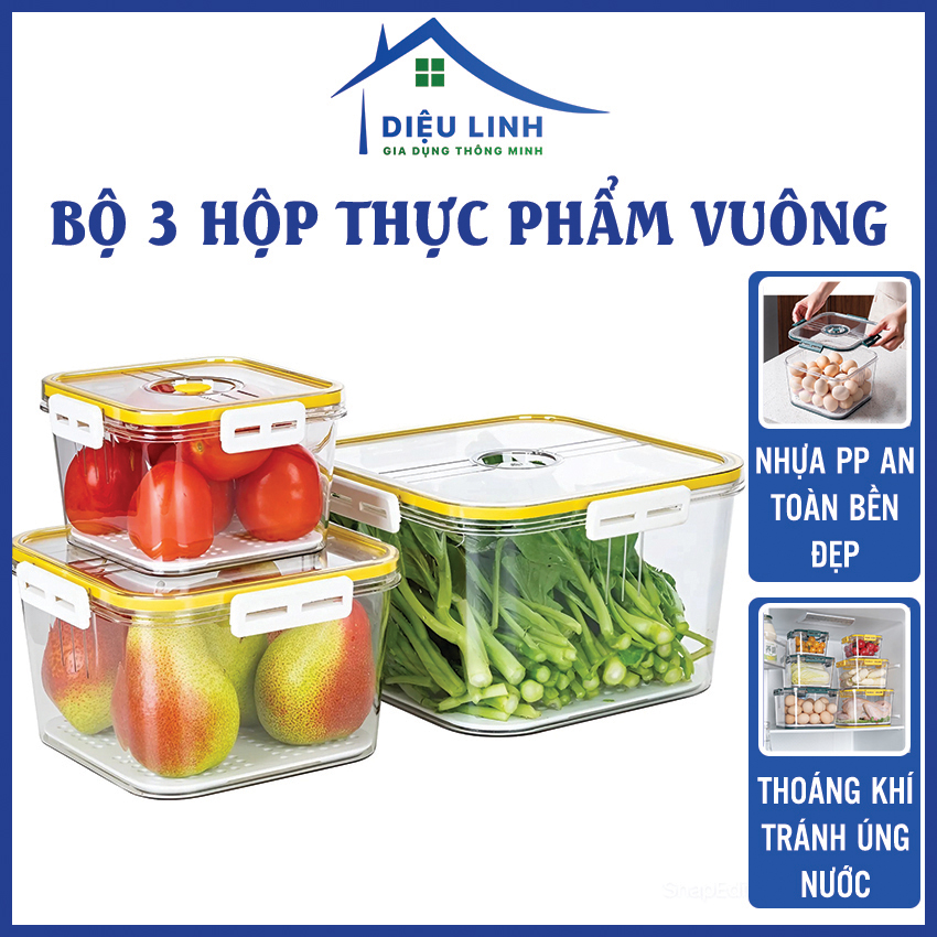 Bộ hộp vuông trong hokori 6559 đựng thực phẩm nhựa việt nhật cao cấp - nắp kín, khóa gài, lưới tách nước dieulinhshop