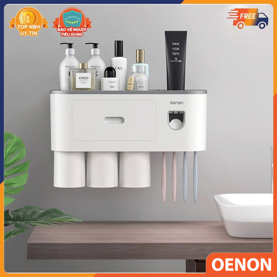 Kệ để đồ phòng tắm OENON có nhả kem đánh răng tự động kệ treo bàn chải đánh răng kèm 3 cốc hút từ tính chất liệu nhựa ABS - OENONKEM