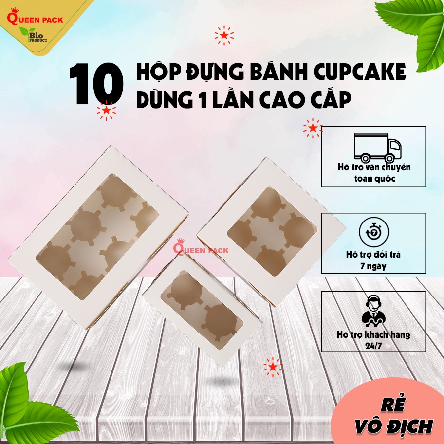 Set 10 hộp đựng bánh cupcake, bánh trứng tart, bánh cupcake 4 bánh, 6 bánh, 12 bánh màu trắng