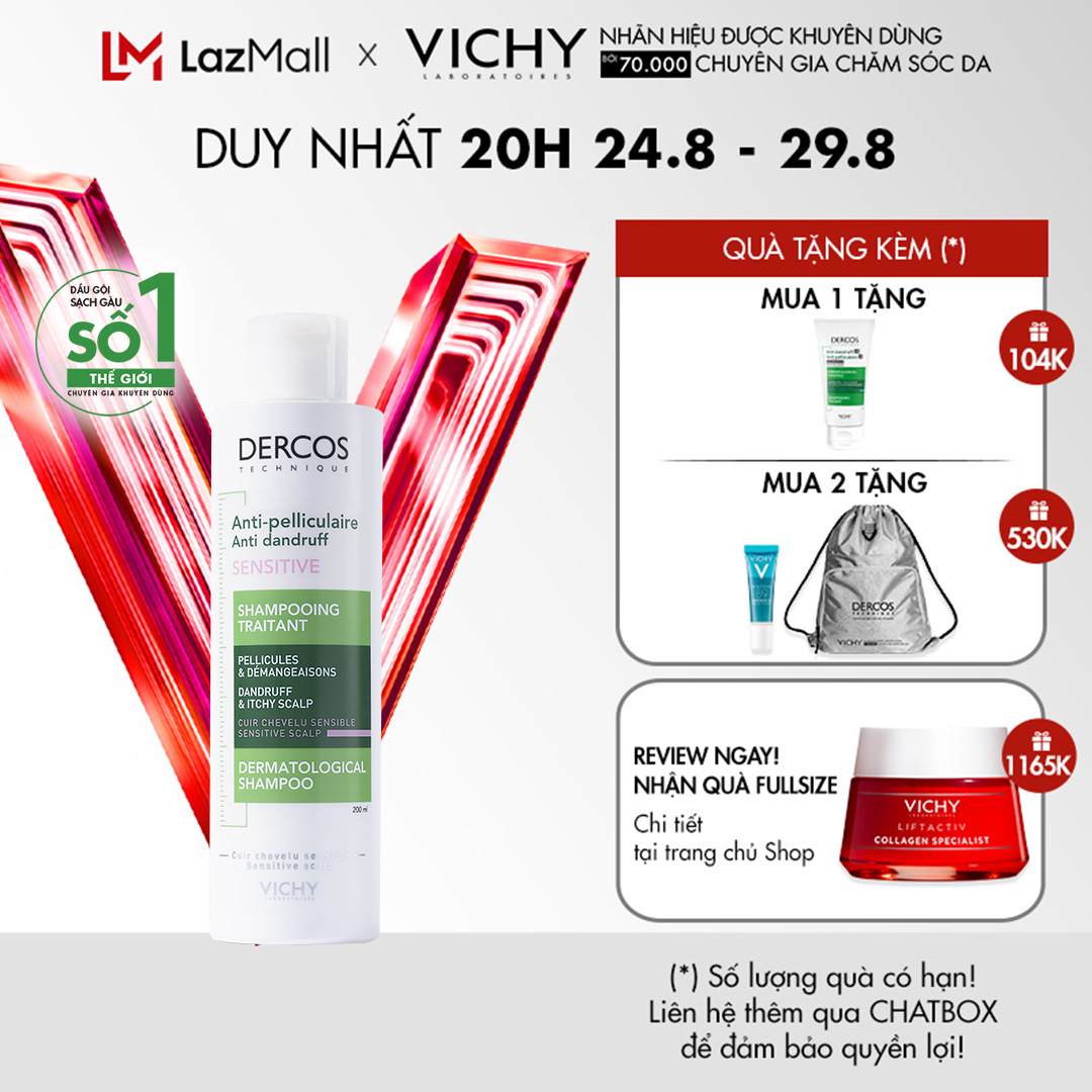 Dầu Gội Giúp Sạch Gàu Dành Cho Da Dầu Nhạy Cảm Vichy Dercos Dandruff & Itchy Sensitive Scalp 200ml