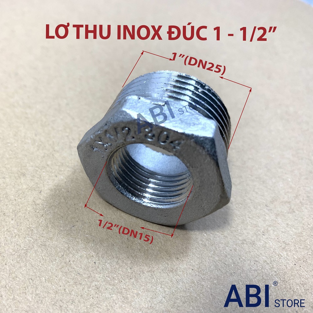 Lơ thu inox ren ngoài 34 về ren trong 21, cà rá thu 1-1/2'' đúc hàng dày đẹp