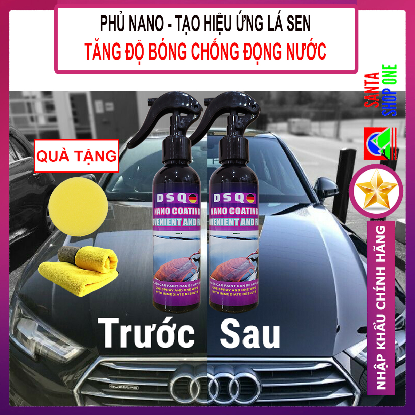 Chai xịt phủ nano ô tô - bình xịt phủ nano ô tô - dung dịch phủ nano kính ô tô chống nước - keo phủ bóng sơn xe ô tô - công nghệ đức- dsq nano coating 200 ml - santa