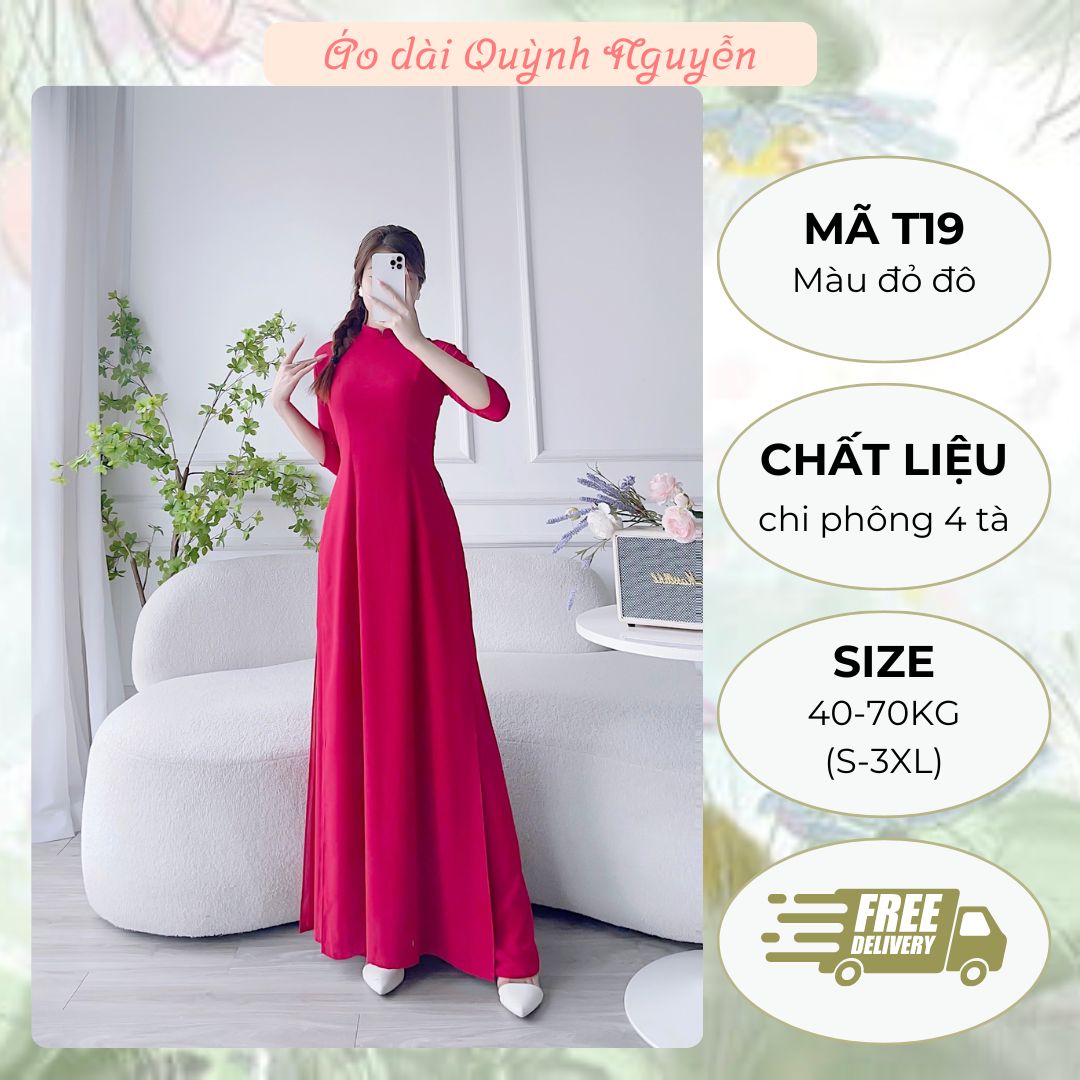 Áo dài trơn, áo dài trơn đỏ đô lụa chi phông 4 tà áo dài truyền thống MÃ T19