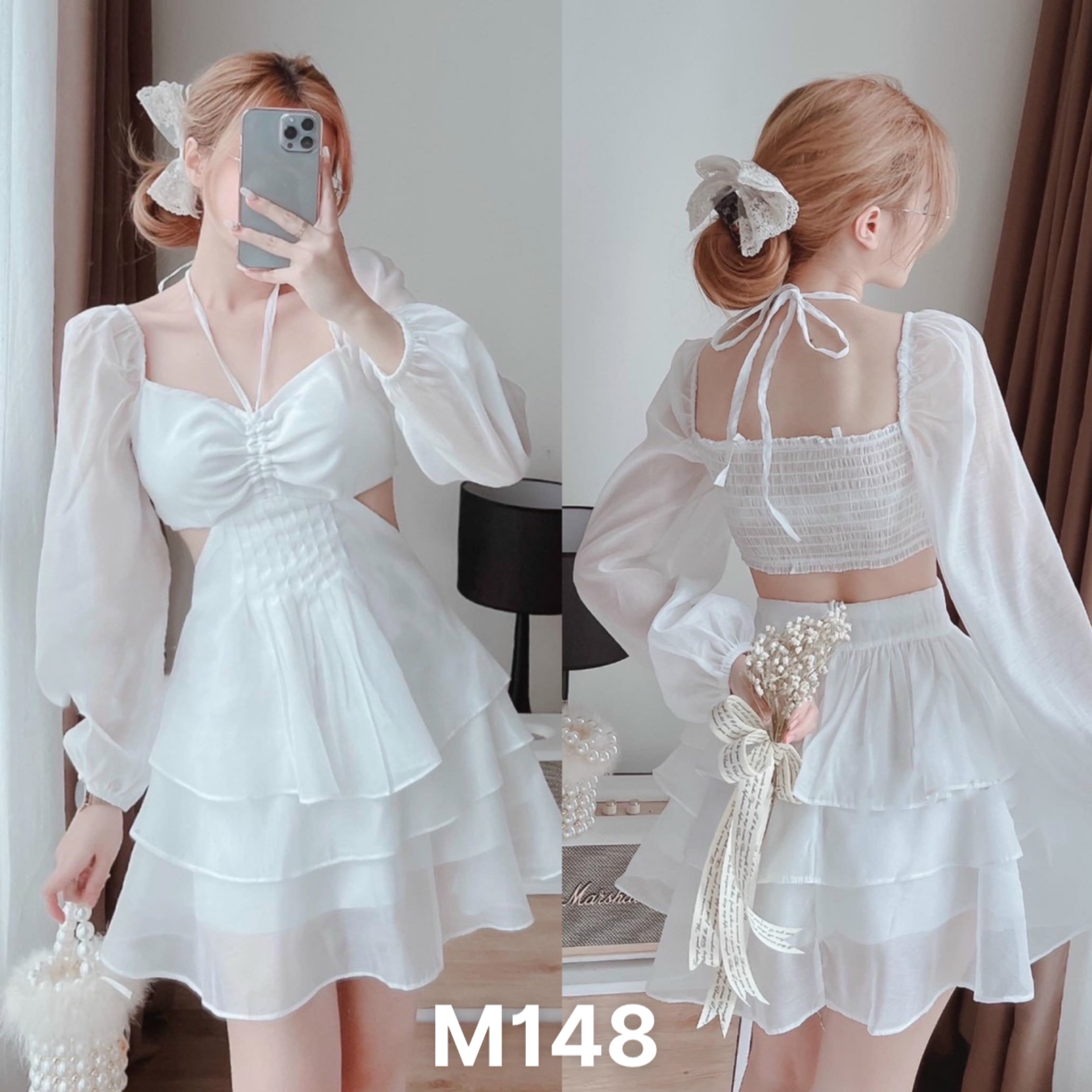 Đầm voan chiffon hở eo kèm dây có mút ngực M148