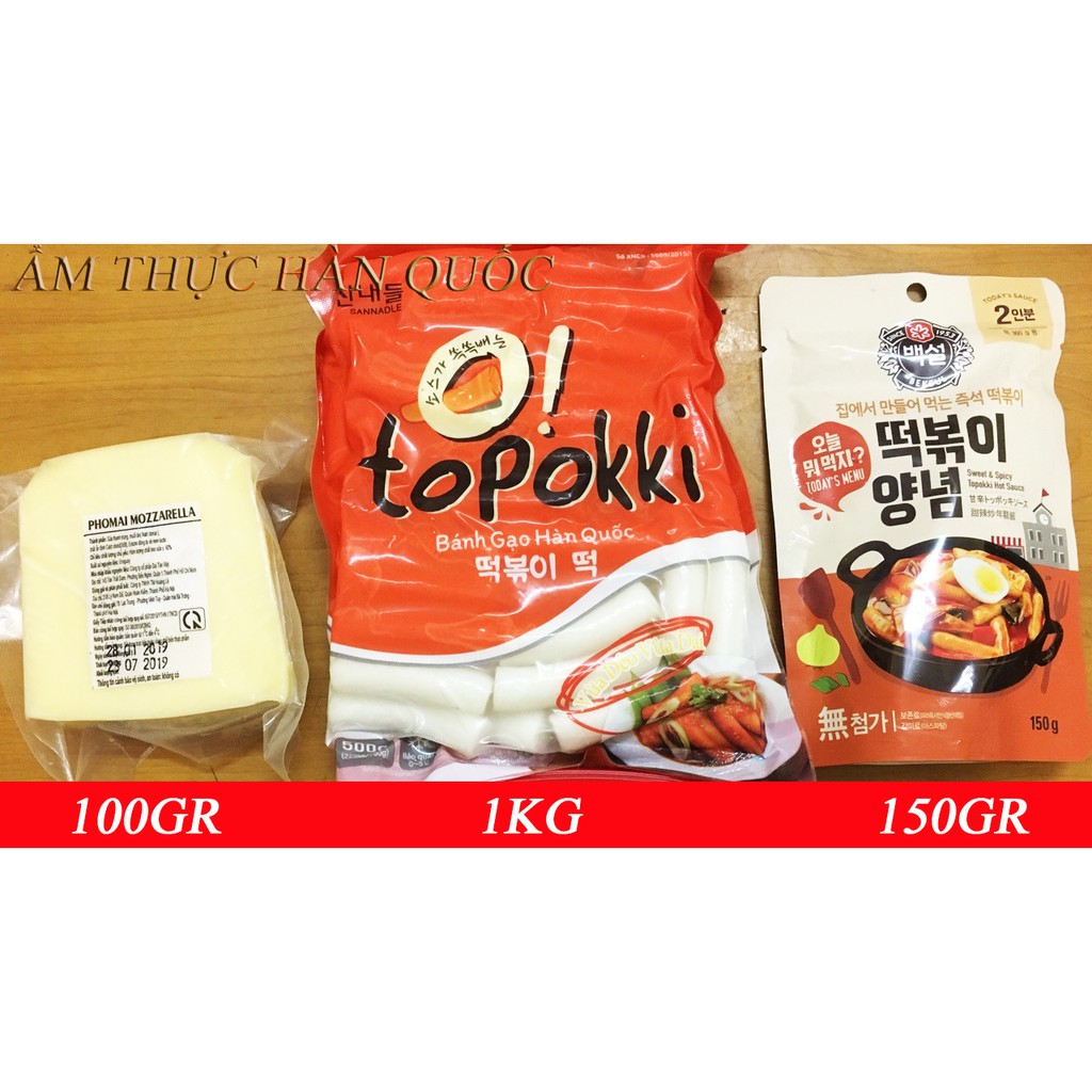 [KoreanMart] ( COMBO ) BÀNH GẠO TOPOKKI HÀN QUỐC 1KG KÈM SỐ TOKBOKKI HÀN QUỐC 150G + 100G PHÔ MAI MOZZARELLA