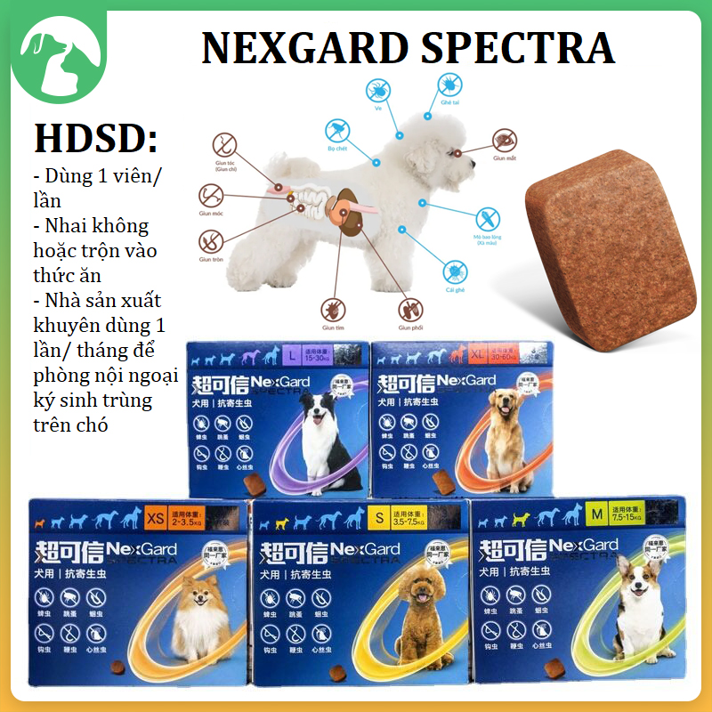 Nexgard Spectra Phòng Ve Rận Ghẻ Demodex Bọ Chét Giun Cho Cún Lẻ 1 Viên