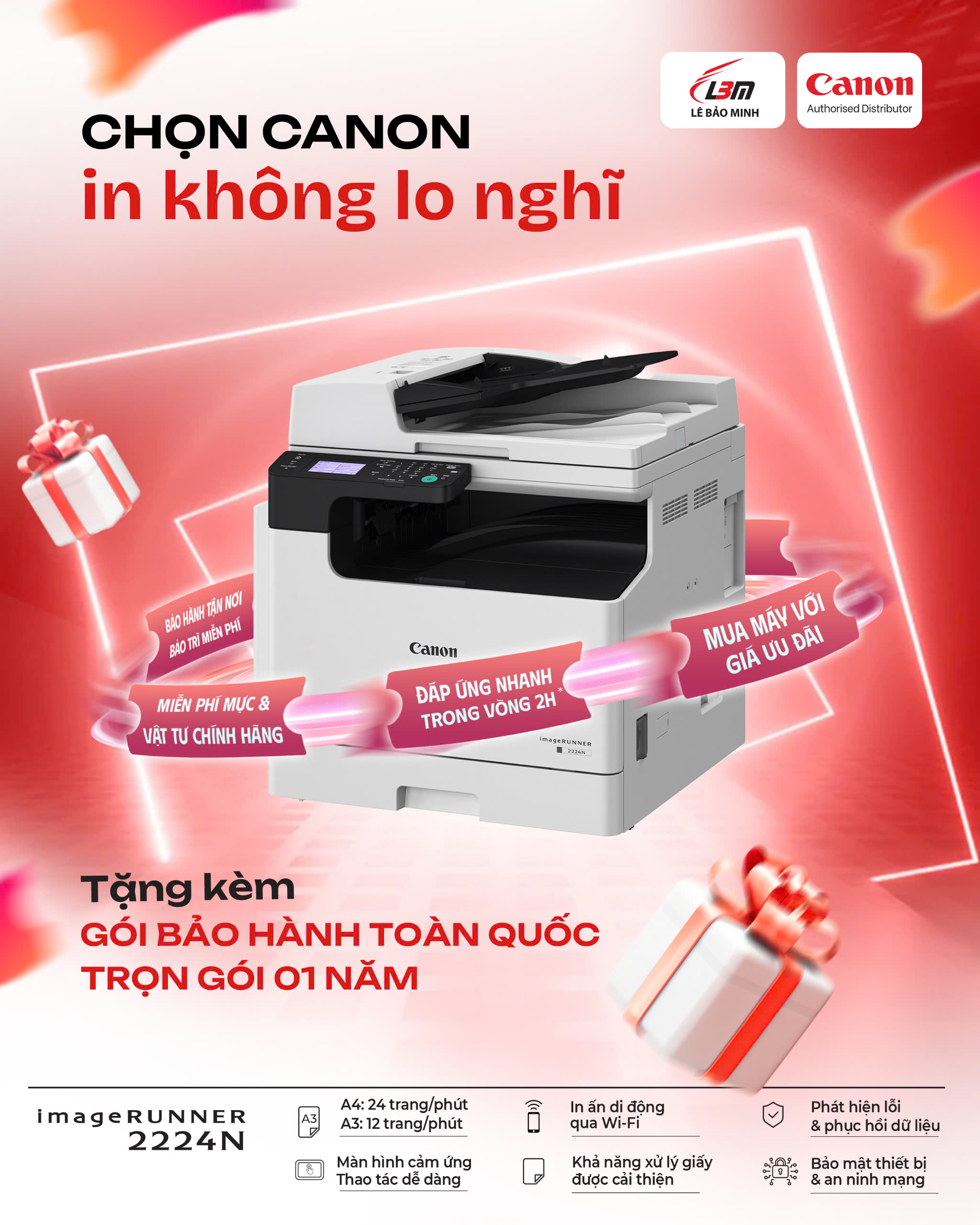 Máy in laser Canon đa năng iR2224N (in, scan, copy, photocopy nhiều, tặng mực, chân, bộ đảo mặt, kha