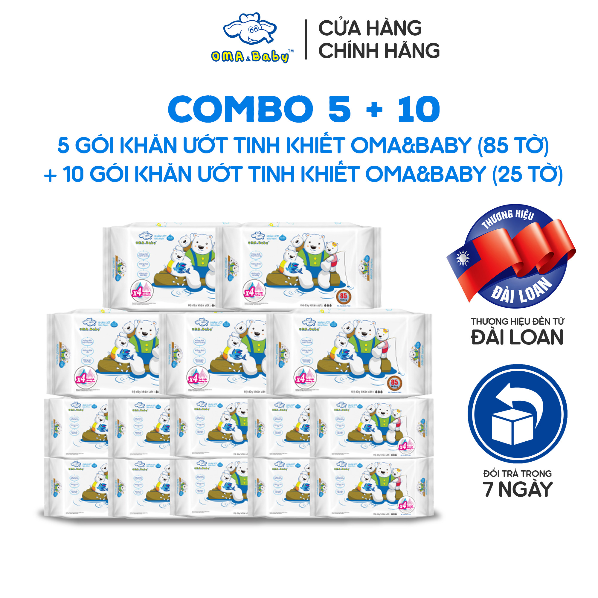 [Combo 5 + 10] Khăn Ướt Cho Bé OMA & Baby Không Mùi (5 Gói 85 Tờ + 10 Gói 25 Tờ) + 2 Nắp Nhựa Siêu Tiện Lợi OMA & Baby (Trị Giá 78K)