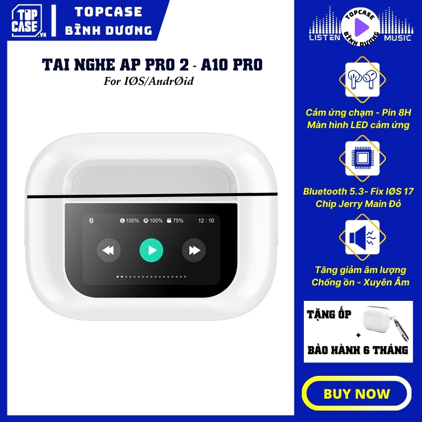Tai nghe bluetooth không dây pro 2 màn hình led cảm ứng - A10PRO, chip jerry, pin trâu 8h, bluetooth 5.3, cảm ứng chạm, chống ồn ANC, đàm thoại ENC, xuyên âm, định vị, đổi tên, bảo hành 6 tháng [Tặng Ốp] - Topcase Bình Dương