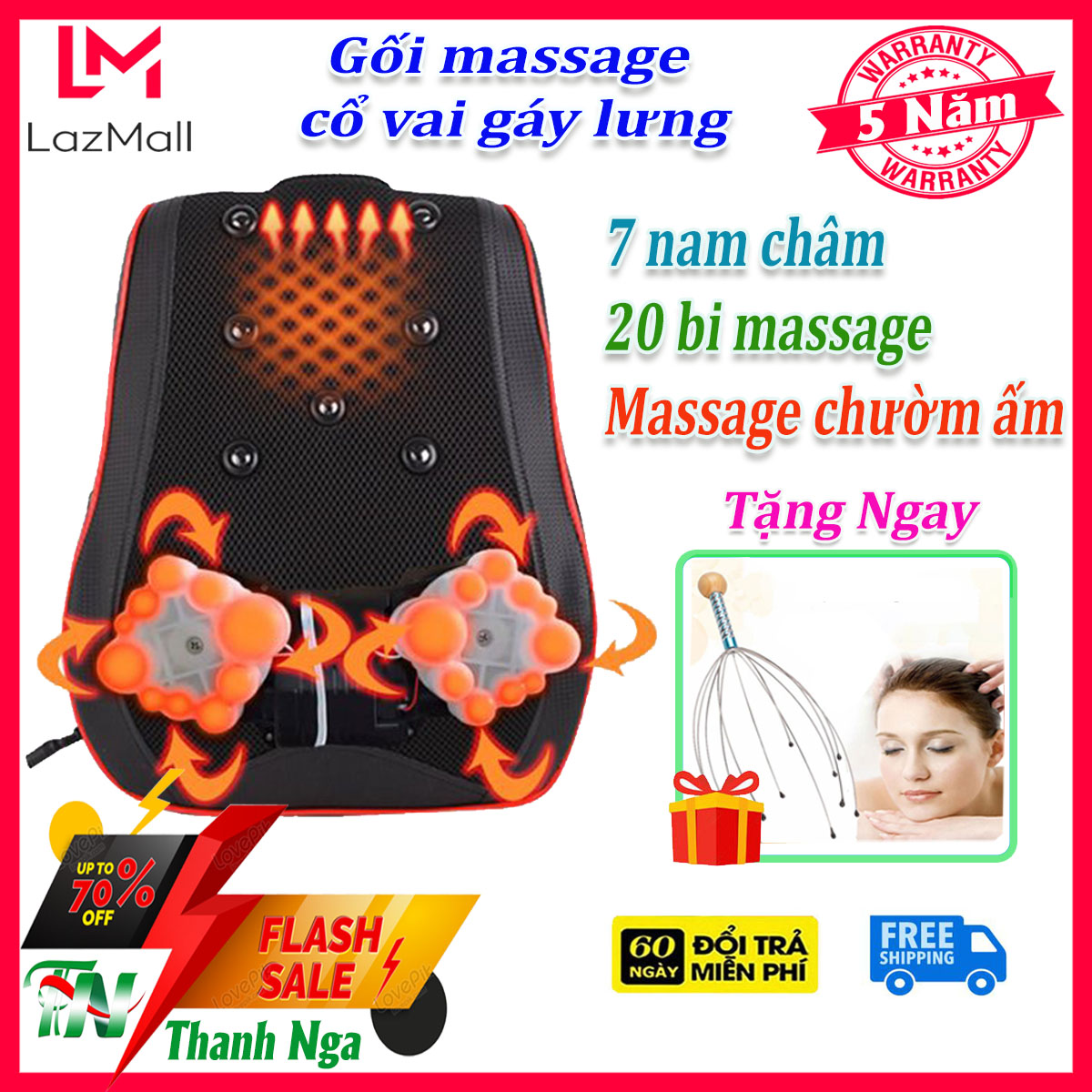 Máy matxa cổ vai gáy lưng có nam châm trị liệu gối massage có hồng ngoại với 20 bi xoay máy mát xa vai gáy tích hợp hồng ngoại hỗ trợ vai gáy phù hợp dùng tại nhà văn phòng ô tô