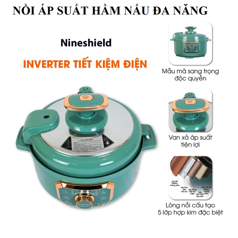 Nồi áp suất đa năng NineShield, Nồi áp suất điện dung tích 4 lít công suất 1300W - Bảo hảnh toàn quốc 12 tháng